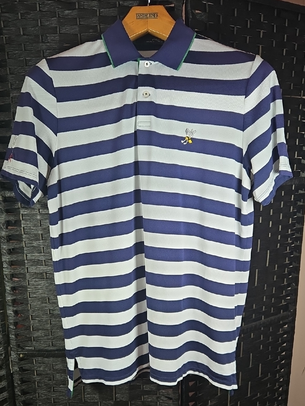 RLX Ralph Lauren Navy and White Striped Polo Winged Foot Golf Club Logo Mens L